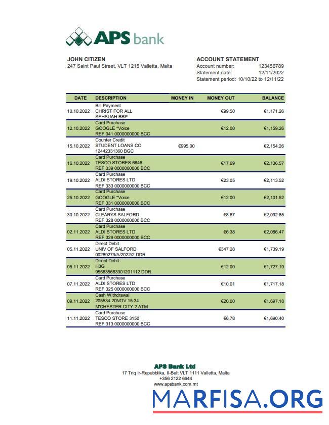 Realistic Malta APS bank statement excel sample
